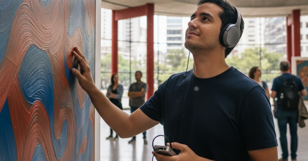 Homem com deficiência visual está escuta audioguia em frente a uma obra de arte de museu. Imagem criada por inteligência artificial